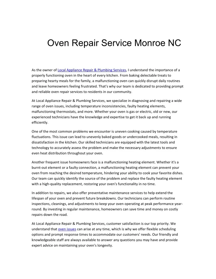 oven repair service monroe nc