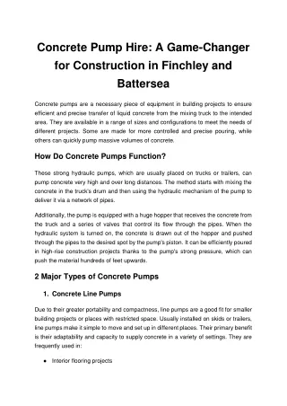 Concrete Pump Hire A Game-Changer for Construction in Finchley and Battersea