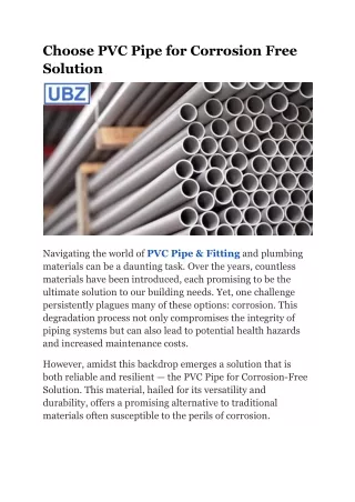 Choose PVC Pipe for Corrosion Free Solution