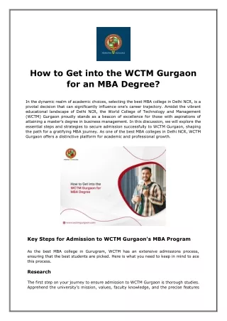 How to Get into the WCTM Gurgaon for an MBA Degree?