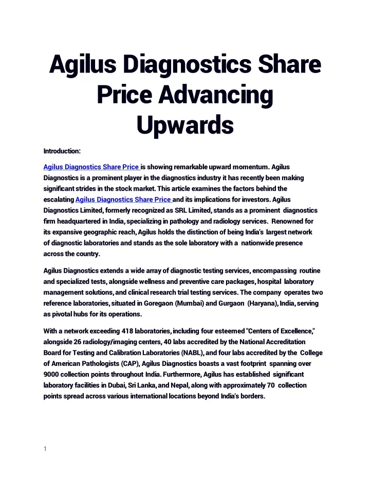 agilus diagnostics share price advancing upwards