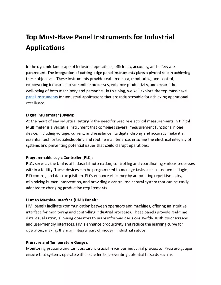 top must have panel instruments for industrial