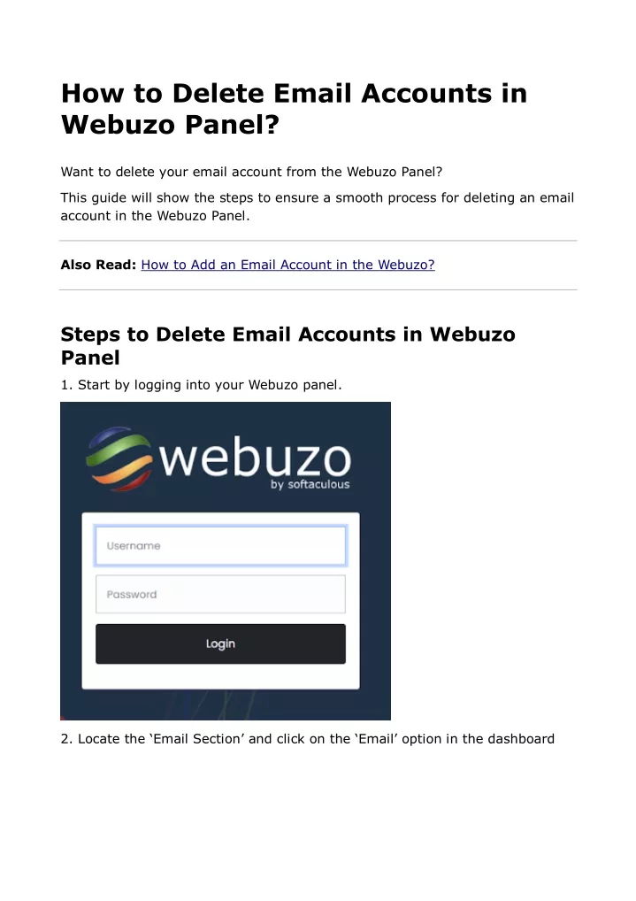 how to delete email accounts in webuzo panel