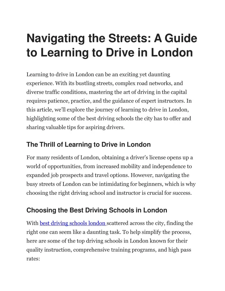 n a v i g a t i n g t h e s t r e e t s a g u i d e to learning to drive in london