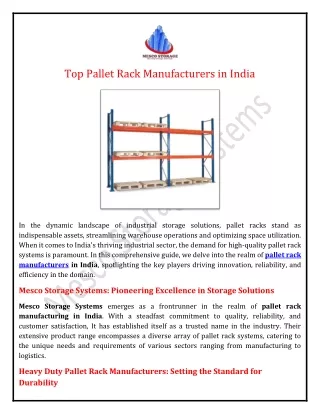 Top Pallet Rack Manufacturers in India
