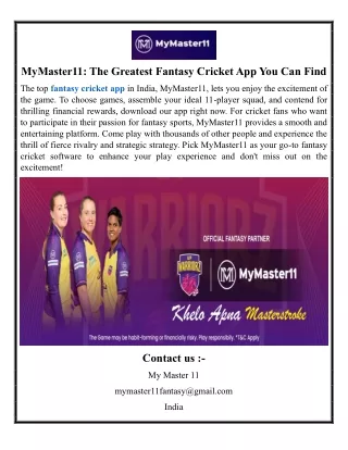 mymaster11 the greatest fantasy cricket