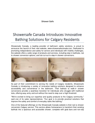 Showersafe Canada Introduces Innovative Bathing Solutions for Calgary Residents