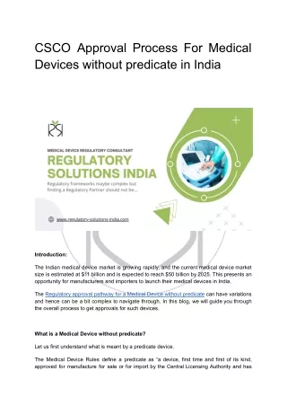 CSCO Approval Process For Medical Devices without predicate in India - RSI