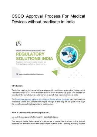CSCO Approval Process For Medical Devices without predicate in India- RSI