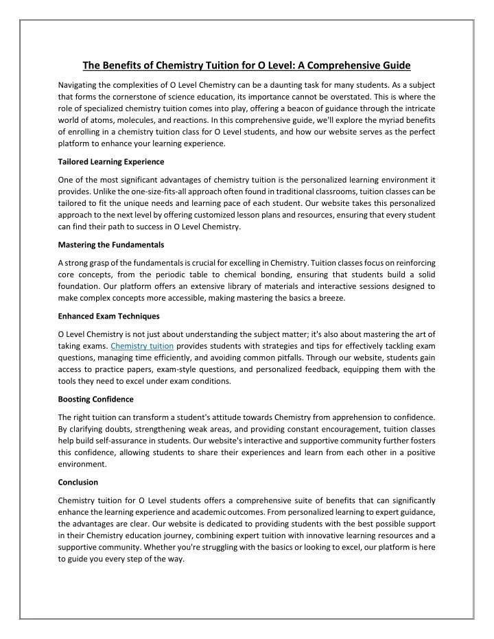 the benefits of chemistry tuition for o level