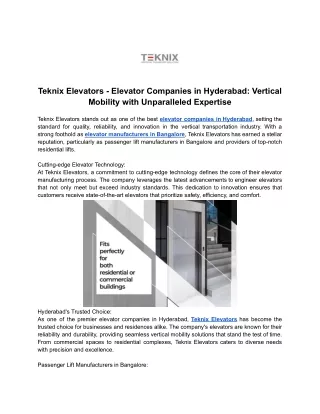 Teknix Elevators - Elevator Companies in Hyderabad - Vertical Mobility with Unparalleled Expertise