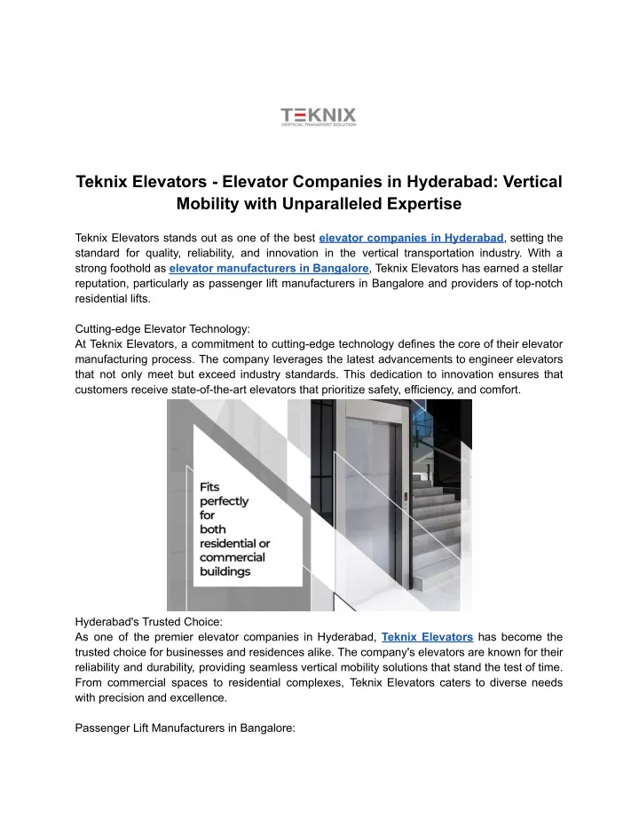 teknix elevators elevator companies in hyderabad