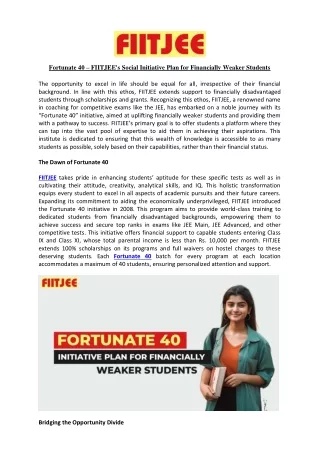 Fortunate 40 – FIITJEE's Social Initiative Plan for Financially Weaker Students