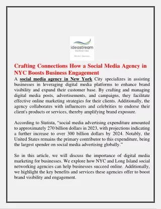 Crafting Connections How a Social Media Agency in NYC Boosts Business Engagement