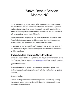 Stove Repair Service Monroe NC