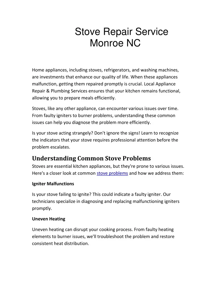 stove repair service monroe nc