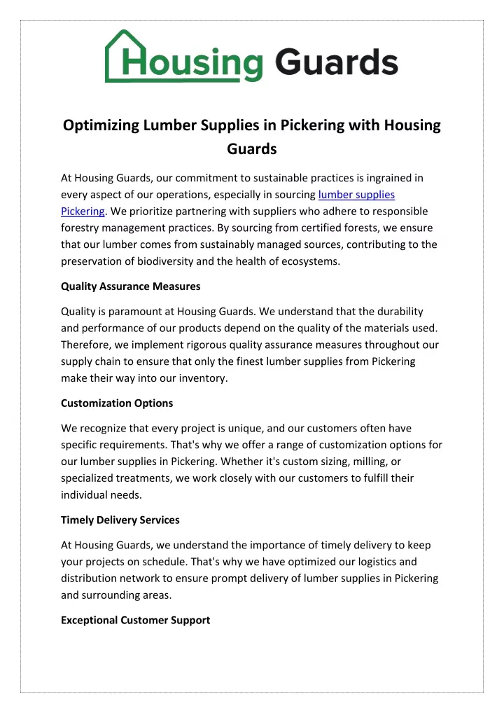 optimizing lumber supplies in pickering with