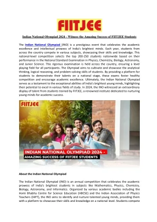 Indian National Olympiad 2024 - Witness the Amazing Success of FIITJEE Students
