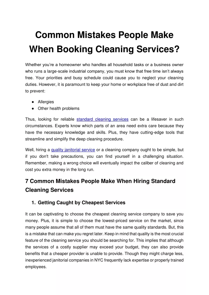 common mistakes people make when booking cleaning