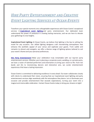 Hire Party Entertainment and Creative Event Lighting Services at Ocean Events