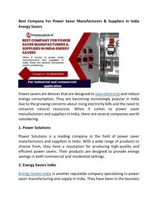 Best Company For Power Saver Manufacturers & Suppliers in India Energy Savers