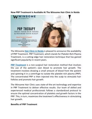 Now PRP Treatment Is Available At The Winsome Hair Clinic In Noida