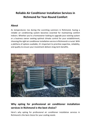 Reliable Air Conditioner Installation Services in Richmond for Year-Round Comfort