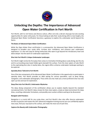 Unlocking the Depths The Importance of Advanced Open Water Certification in Fort Worth