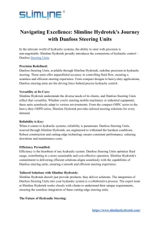 Navigating Excellence: Slimline Hydrotek's Journey with Danfoss Steering Units