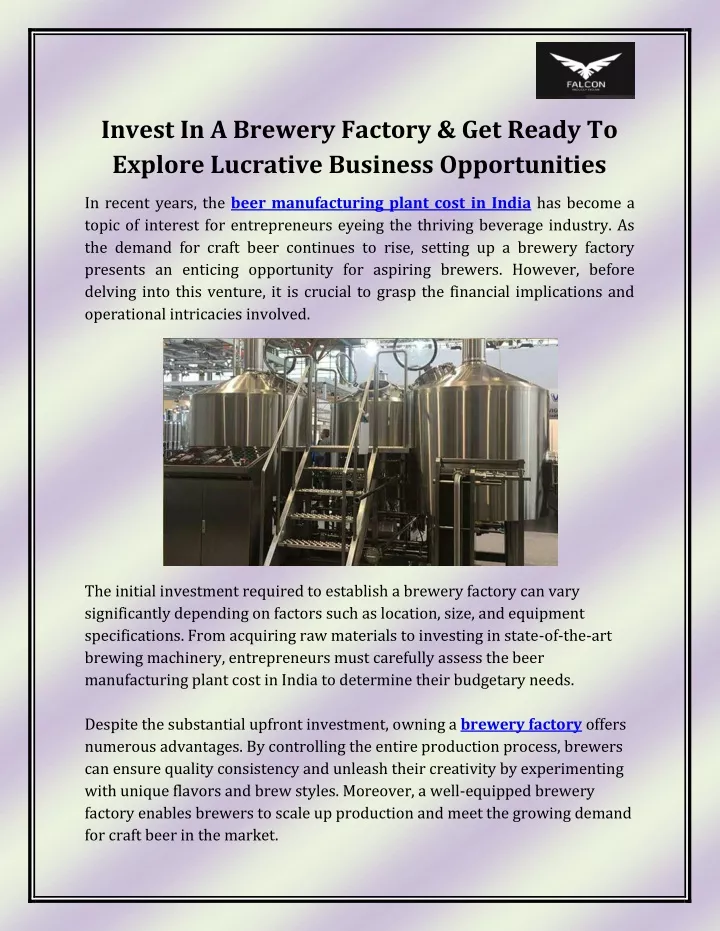invest in a brewery factory get ready to explore