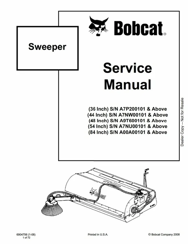 Bobcat 48 Inch Sweeper Service Repair Manual SN A9T600101 And Above