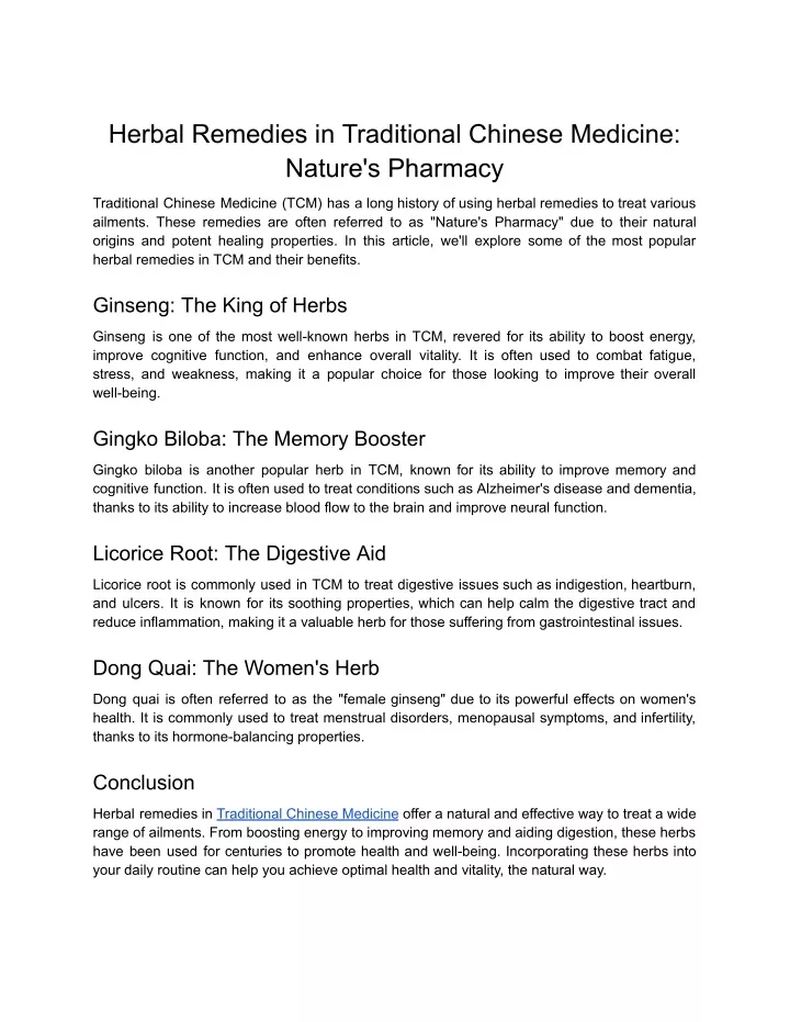 herbal remedies in traditional chinese medicine