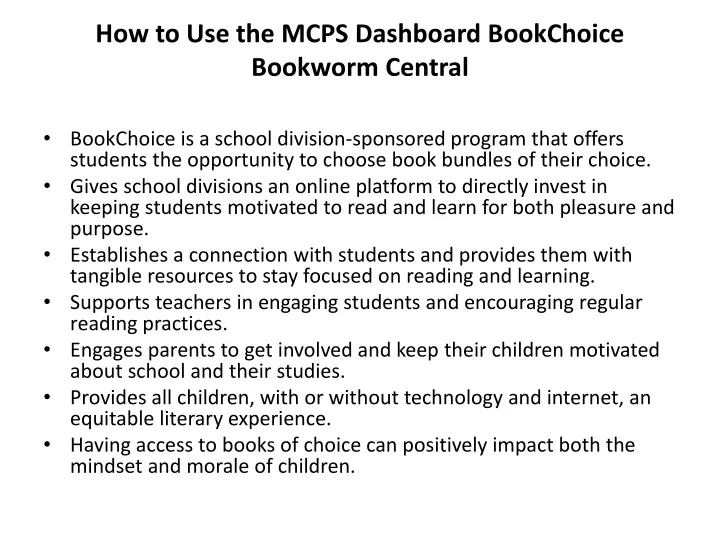 how to use the mcps dashboard bookchoice bookworm central