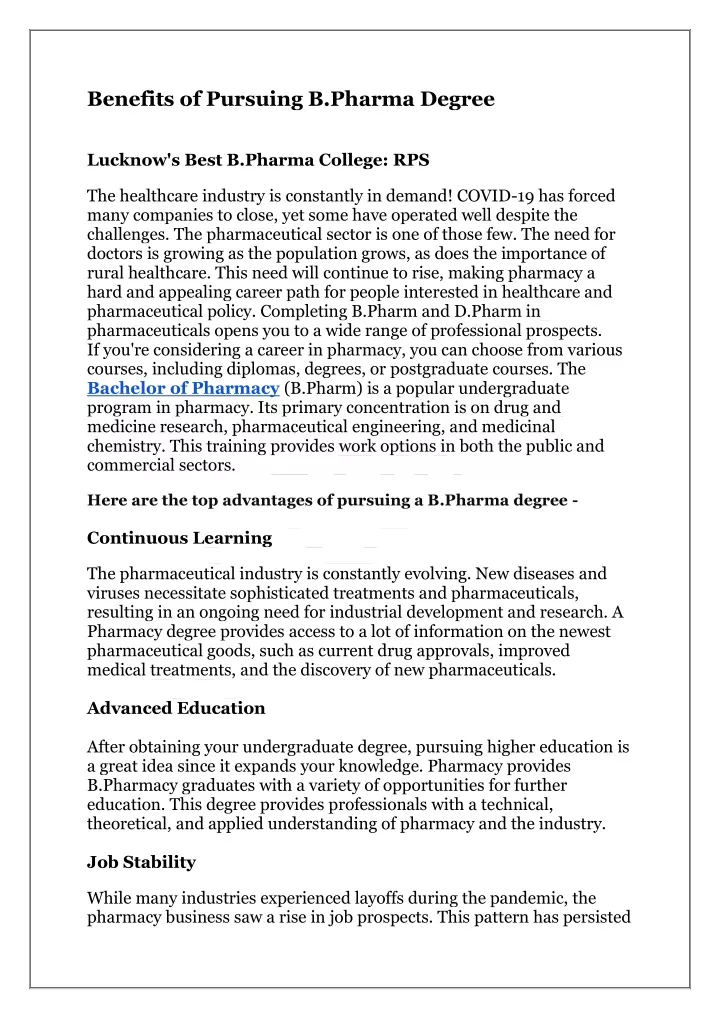 benefits of pursuing b pharma degree lucknow