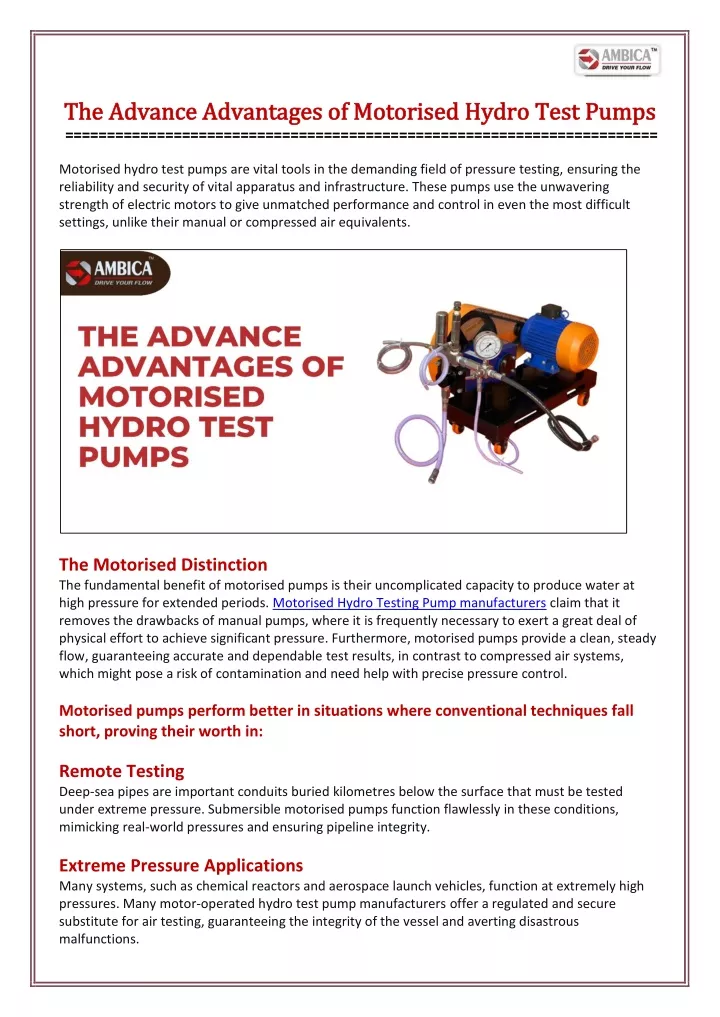 the advance advantages of motorised hydro test