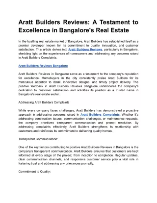 Aratt Builders Reviews_ A Testament to Excellence in Bangalore's Real Estate