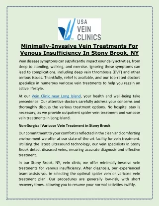 Minimally-Invasive Vein Treatments For Venous Insufficiency In Stony Brook, NY