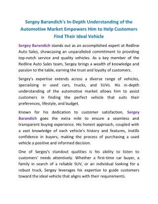Sergey Barandich's In-Depth Understanding of Automotive Market Empowers Him to Help Customers Find Their Ideal Vehicle