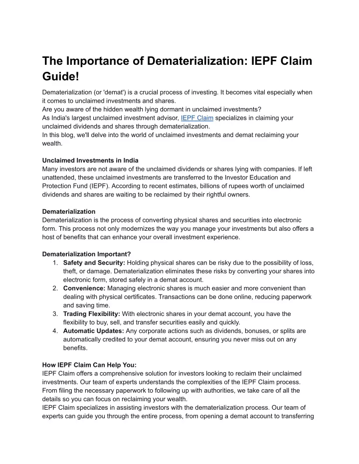 the importance of dematerialization iepf claim
