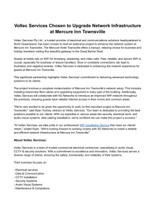 Voltec Services Chosen to Upgrade Network Infrastructure at Mercure Inn Townsvil