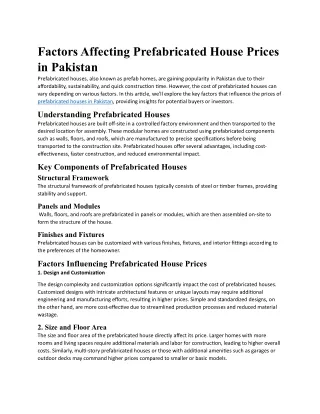 Factors Affecting Prefabricated House Prices in Pakistan