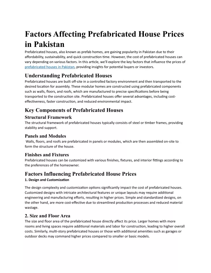 factors affecting prefabricated house prices