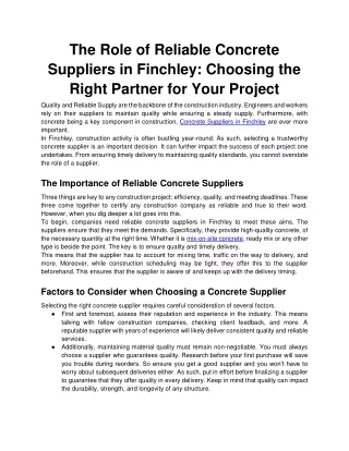 The Role of Reliable Concrete Suppliers in Finchley Choosing the Right Partner for Your Project