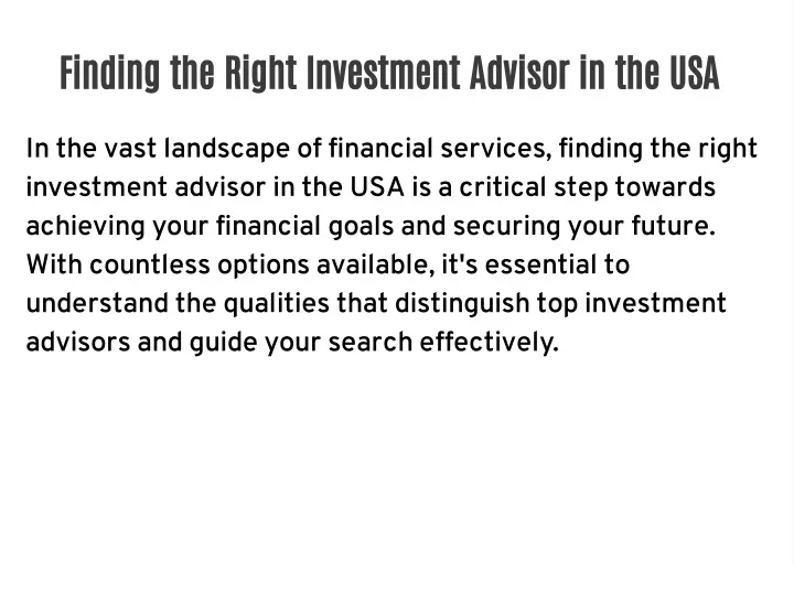 finding the right investment advisor in the usa