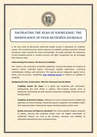 Navigating the Seas of Knowledge The Significance of Peer-Reviewed Journals