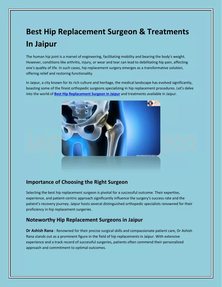 best hip replacement surgeon treatments in jaipur