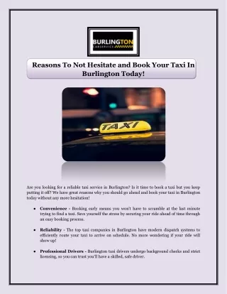 Reasons To Not Hesitate and Book Your Taxi In Burlington Today