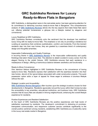 GRC Subhiksha Reviews for Luxury Ready-to-Move Flats in Bangalore