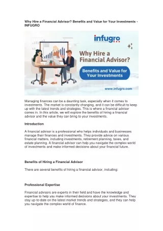 Why Hire a Financial Advisor? Benefits and Value for Your Investments