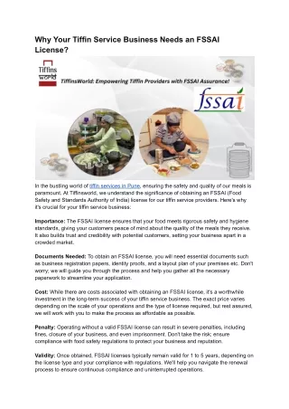 Why Your Tiffin Service Business Needs an FSSAI License?
